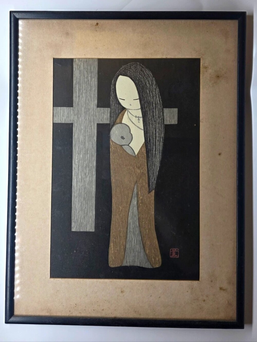 Kaoru Kawano Signed Japanese Woodblock Print Cross Madonna and Child Framed Art